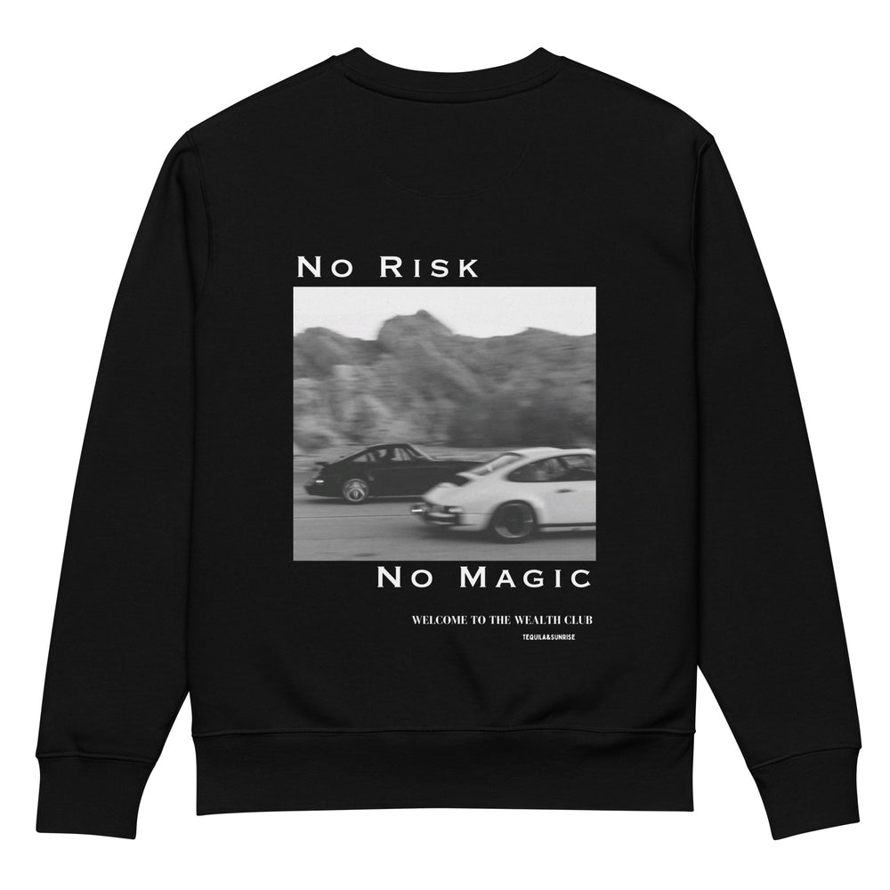 Introducing "The No Risk No Magic Eco Sweatshirt" by Tequila & Sunrise—a unisex black sweatshirt crafted from organic cotton. It showcases a captivating graphic of two cars racing on a desert road, complemented by the empowering text "No Risk No Magic" above and below the design. Adding to its unique appeal, you'll find "Welcome to the Wealth Club" and "Transaction" elegantly placed at the bottom. This piece offers a premier experience in sustainable fashion.