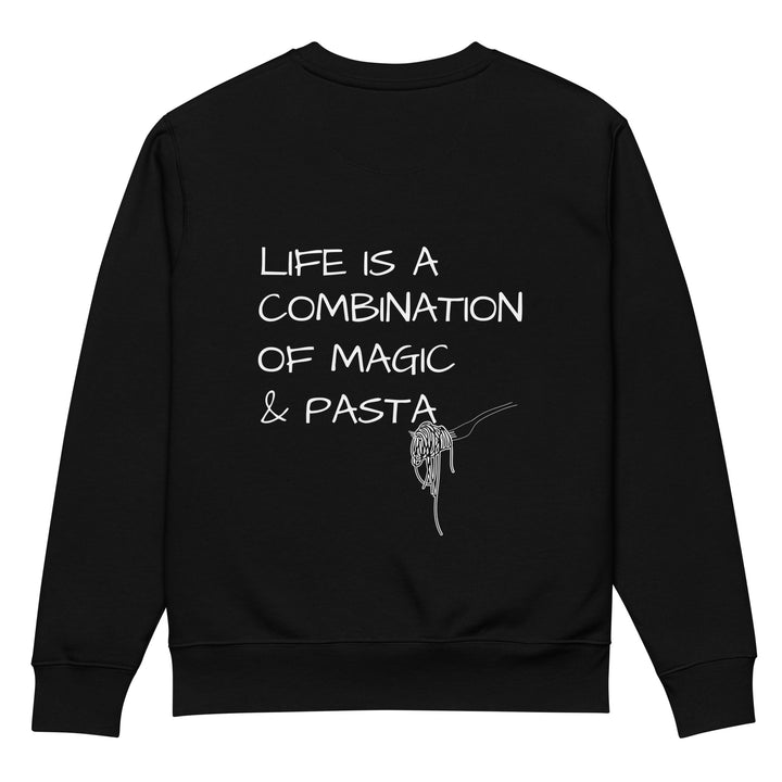 The Magic & Pasta Eco Sweatshirt by Tequila & Sunrise is a black unisex garment made from organic cotton. It features the text 'Life is a combination of magic & pasta' in white alongside an enchanting illustration of a fork twirled with pasta, making it an ideal choice for those who appreciate sustainable fashion.