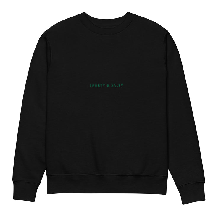 The Old Money Country Club Eco Sweatshirt by Tequila & Sunrise is a black, organic cotton sweatshirt featuring the words Sporty & Salty in small green letters at the center of the chest. With long sleeves and a classic crewneck design, it seamlessly combines comfort and style.