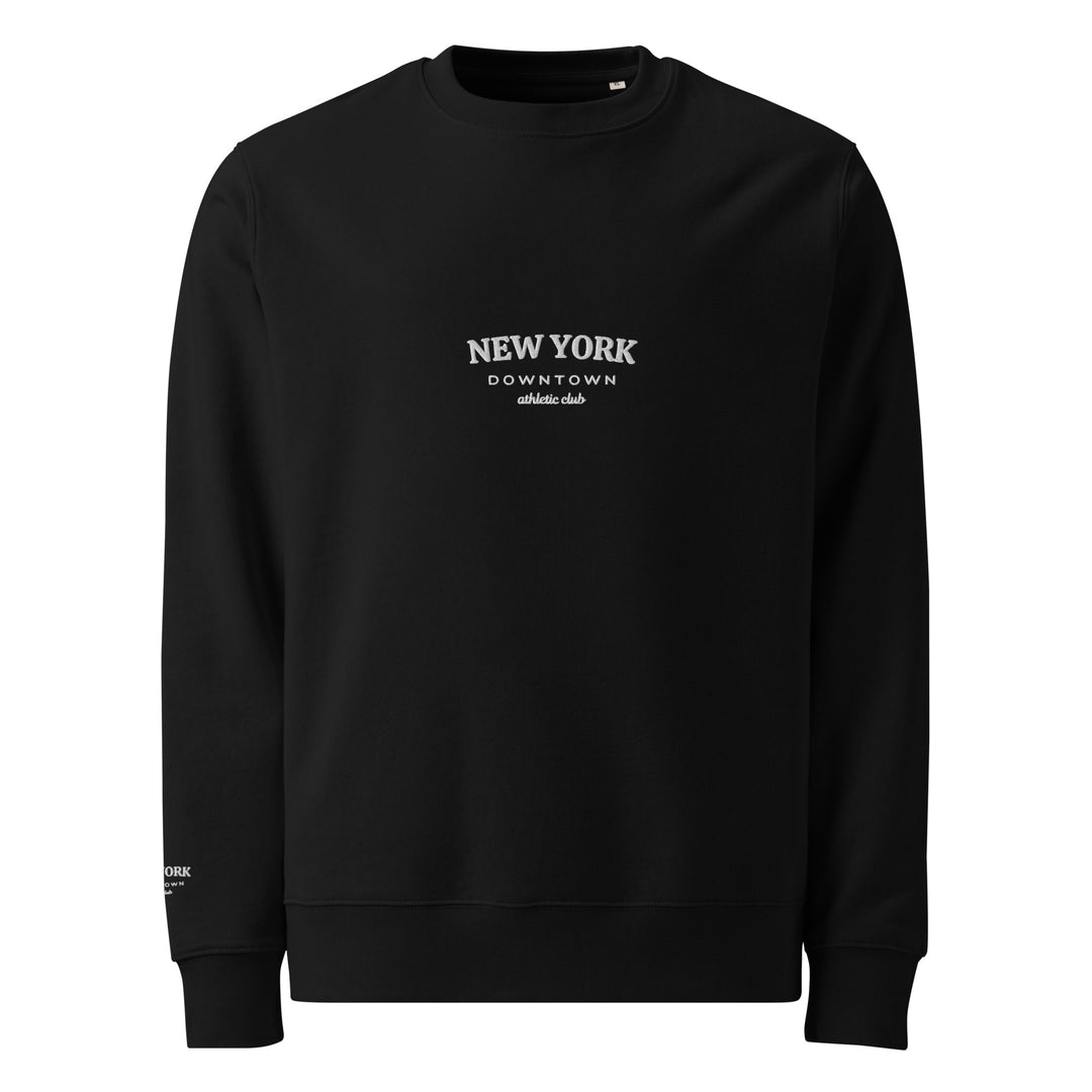 The New York Downtown Athletic Club Eco Sweatshirt from Tequila & Sunrise is a durable piece made from organic cotton, showcasing white text on the chest that reads "New York Downtown Athletic Club.