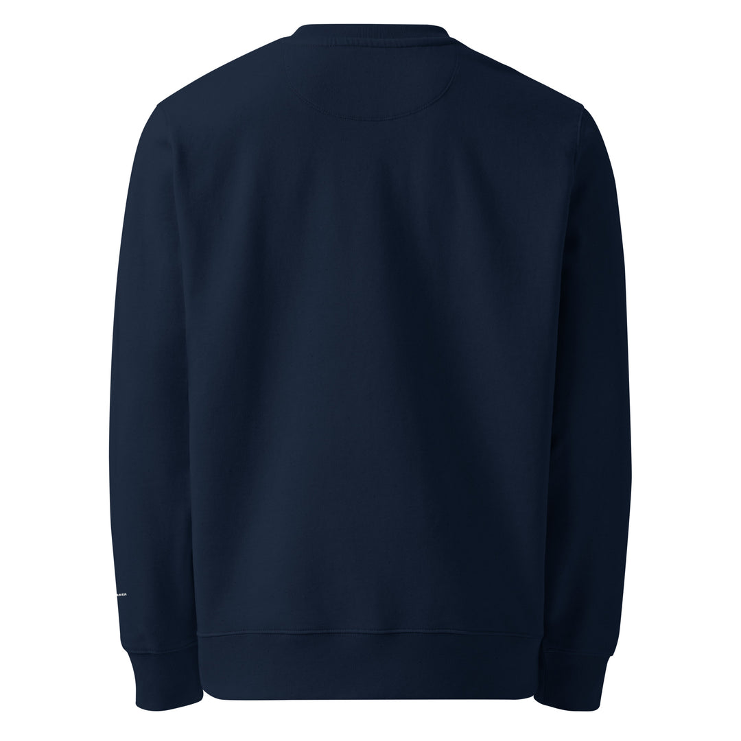 The La Vita Mediterranea Eco Sweatshirt by Tequila & Sunrise is presented in navy blue, featuring a crew neck and long sleeves, shown from the back. Made from organic cotton, it embraces sustainable fashion with its minimalist design that avoids visible logos or graphics, emphasizing timeless style.