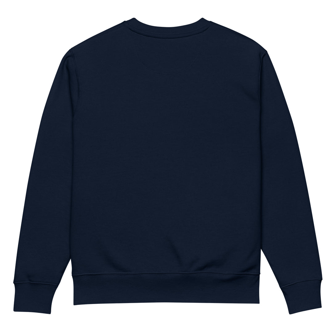 The More Amore Per Favore Eco Sweatshirt by Tequila & Sunrise is a plain dark navy blue unisex piece made from organic cotton, featuring long sleeves and a round neckline. The back view showcases its dedication to sustainable fashion with no designs or patterns.