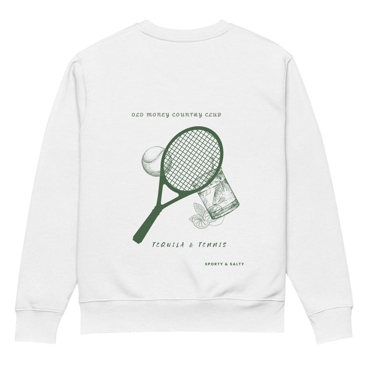 The Old Money Country Club Eco Sweatshirt by Tequila & Sunrise, made from organic cotton, features a green line drawing of a tennis racket, a tennis ball, and a tequila glass garnished with lime slices. The sweatshirt is adorned with the phrases "Old Money Country Club," "Tequila & Tennis," and concludes with "Sporty & Salty" at the bottom.