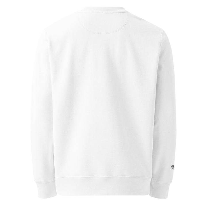 The image displays the back of Tequila & Sunrise's The New York Downtown Athletic Club Eco Sweatshirt, crafted from organic cotton. It has long sleeves with a subtle black text detail on the lower right sleeve. Its minimalist round neckline pairs perfectly with the soft fabric, providing a blend of style and sustainability.