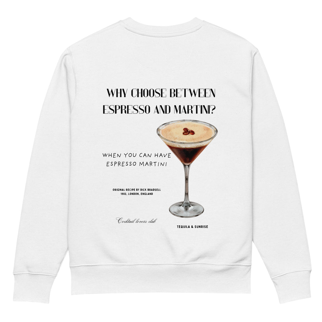 The Espresso Martini Eco Sweatshirt by Tequila & Sunrise is crafted from organic cotton and showcases a stylish espresso martini illustration. With the playful text, "Why choose between espresso and martini when you can have both?" it's ideal for cocktail enthusiasts. This sweatshirt also features a club caption and recipe credit, combining style with sustainability!