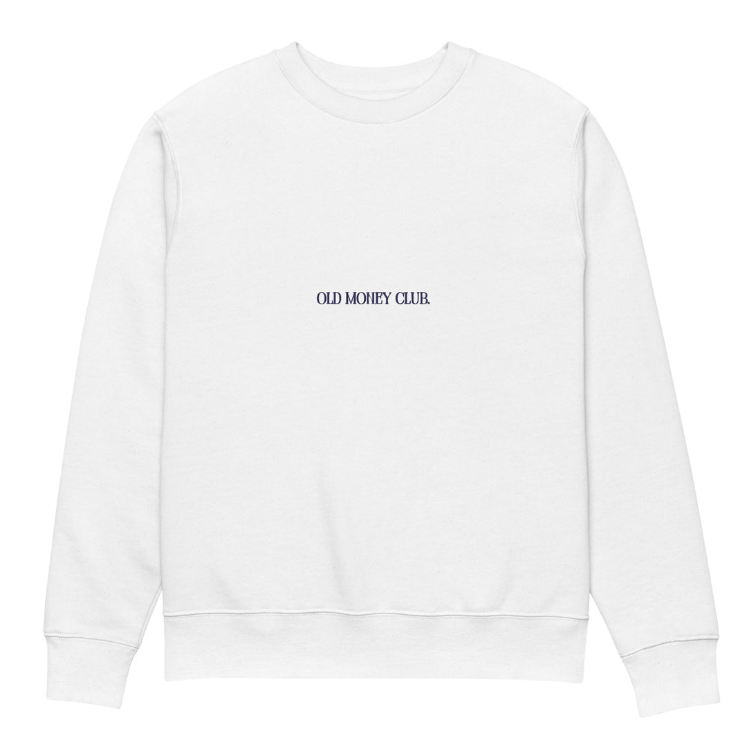 The Old Money Club Eco Sweatshirt by Tequila & Sunrise is a white crewneck made from organic cotton, featuring the text "OLD MONEY CLUB" in a subtle, dark font centered on the chest. This sturdy sweatshirt boasts a simple, classic design with ribbed cuffs and hem.