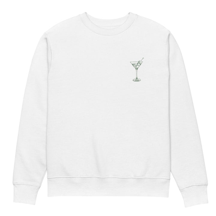 The Let's Makeout & Drink Martinis Eco Sweatshirt by Tequila & Sunrise is a white sweatshirt made from organic cotton, highlighting an embroidered martini glass on the left chest—a tribute to the Naughty Martinis Club and a declaration of sustainable fashion.