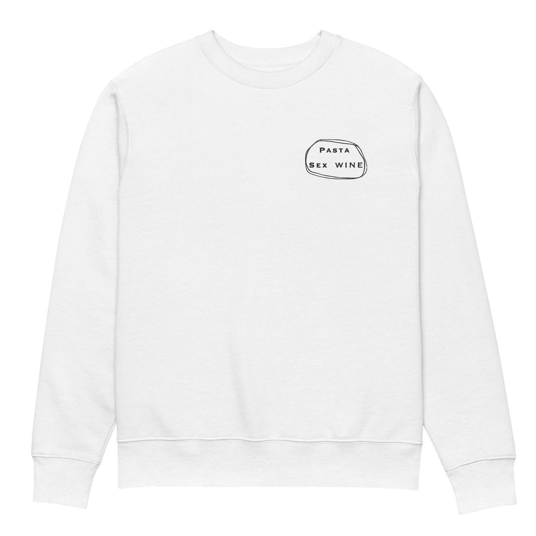 Introducing The Pasta & Sex & Wine Eco sweatshirt by Tequila & Sunrise: An exquisite white T-shirt crafted from organic cotton, featuring a unique small circular embroidery design on the chest emblazoned with the words PASTA SEX WINE in bold black text.