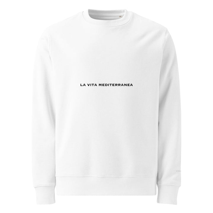 The La Vita Mediterranea Eco Sweatshirt by Tequila & Sunrise, crafted from organic cotton and featuring the text "LA VITA MEDITERRANEA" printed in black on the front, perfectly captures the essence of the Mediterranean lifestyle and sustainable fashion ethos.