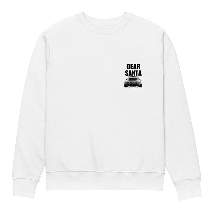 The Dear Santa Organic sweatshirt by Tequila & Sunrise is a unisex white cotton tee made from organic materials, showcasing black text that says "Dear Santa" above a Porsche illustration. It's ideal for those looking for stylish, eco-friendly clothing with a playful flair.