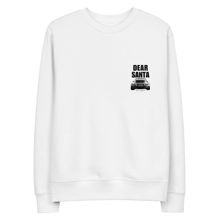 The Dear Santa Organic sweatshirt by Tequila & Sunrise is a unisex white cotton tee made from organic materials, showcasing black text that says "Dear Santa" above a Porsche illustration. 