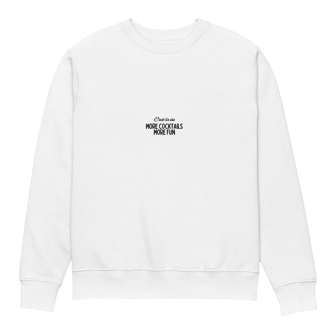 Explore the Tequila & Sunrise unisex eco-friendly sweatshirt, made from organic cotton. This essential white garment boasts a stylish crew neck and long sleeves, elegantly displaying black text that reads "The More Cocktails More Fun," capturing the spirit of sustainable fashion with a touch of sophistication.