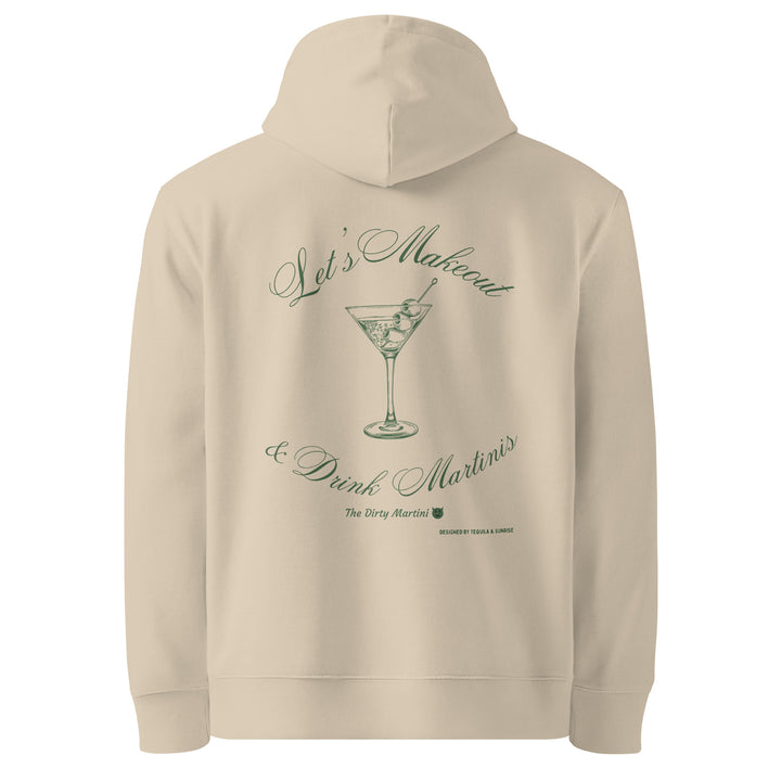 The Let's Makeout & Drink Martinis Eco Hoodie by Tequila & Sunrise is an organic unisex hoodie adorned with a martini glass and olives graphic. It includes the playful text: Let's Makeout & Drink Martinis - The Dirty Martini, making it ideal for those who appreciate eco-friendly fashion with a fun touch.