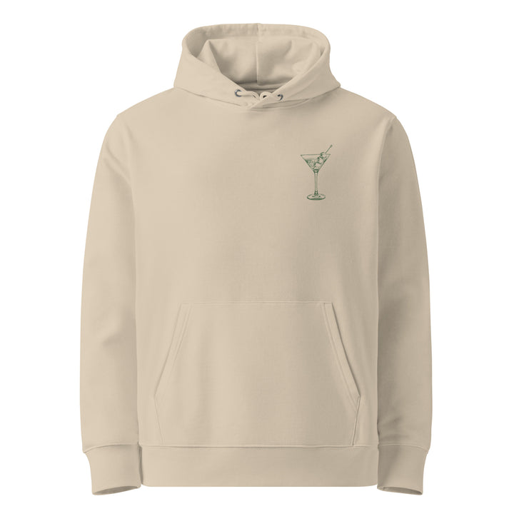 The Let's Makeout & Drink Martinis Eco Hoodie by Tequila & Sunrise is a unisex beige hoodie with a front pocket and a small green martini glass design on the chest, made from organic materials for those who love eco-conscious fashion.