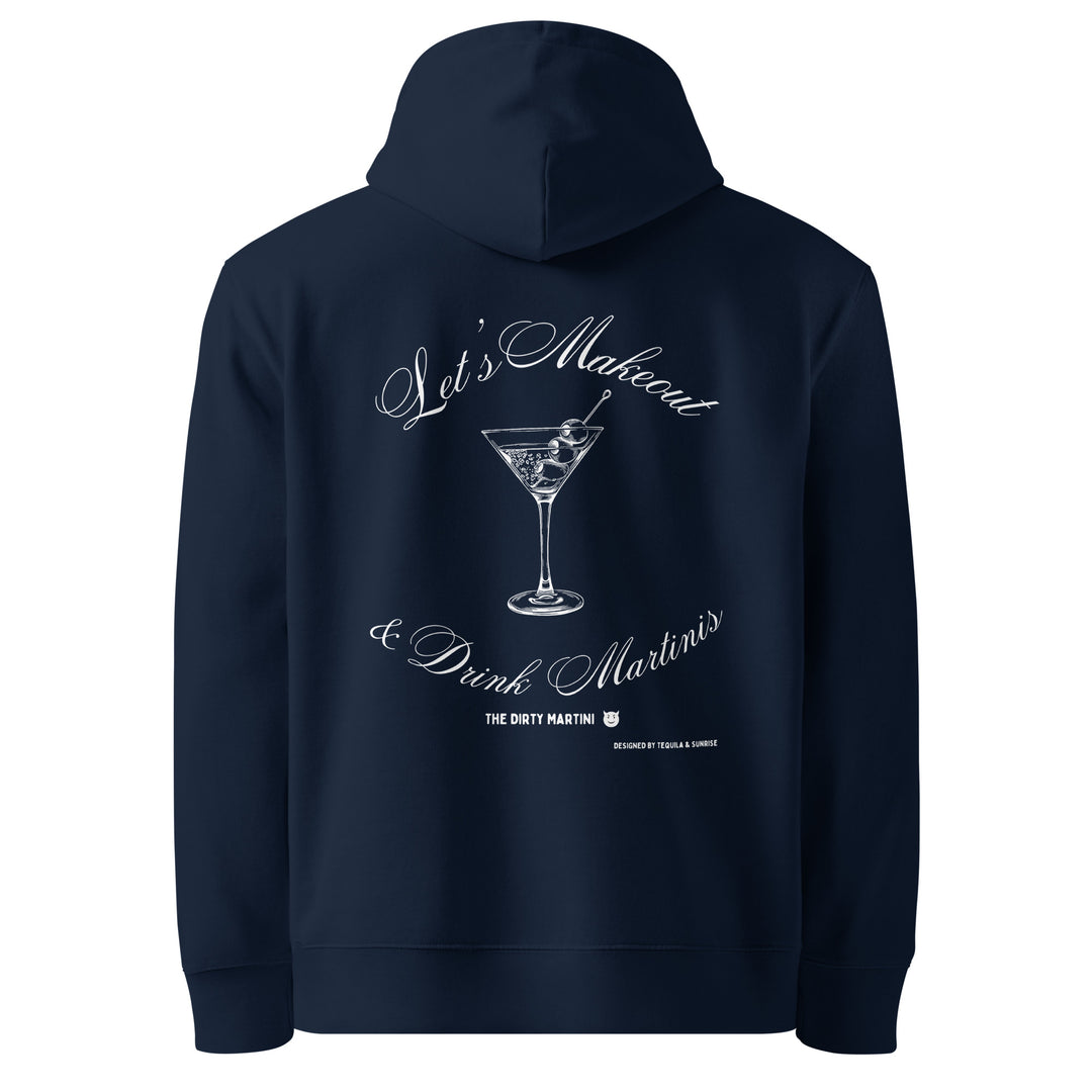 The "Let's Makeout & Drink Martinis Eco Hoodie" by Tequila & Sunrise is a unisex navy hoodie adorned with the phrase "Let's Makeout & Drink Martinis" in white script and a martini glass graphic. This stylish piece is crafted with environmentally friendly organic materials, combining fashion and eco-consciousness.