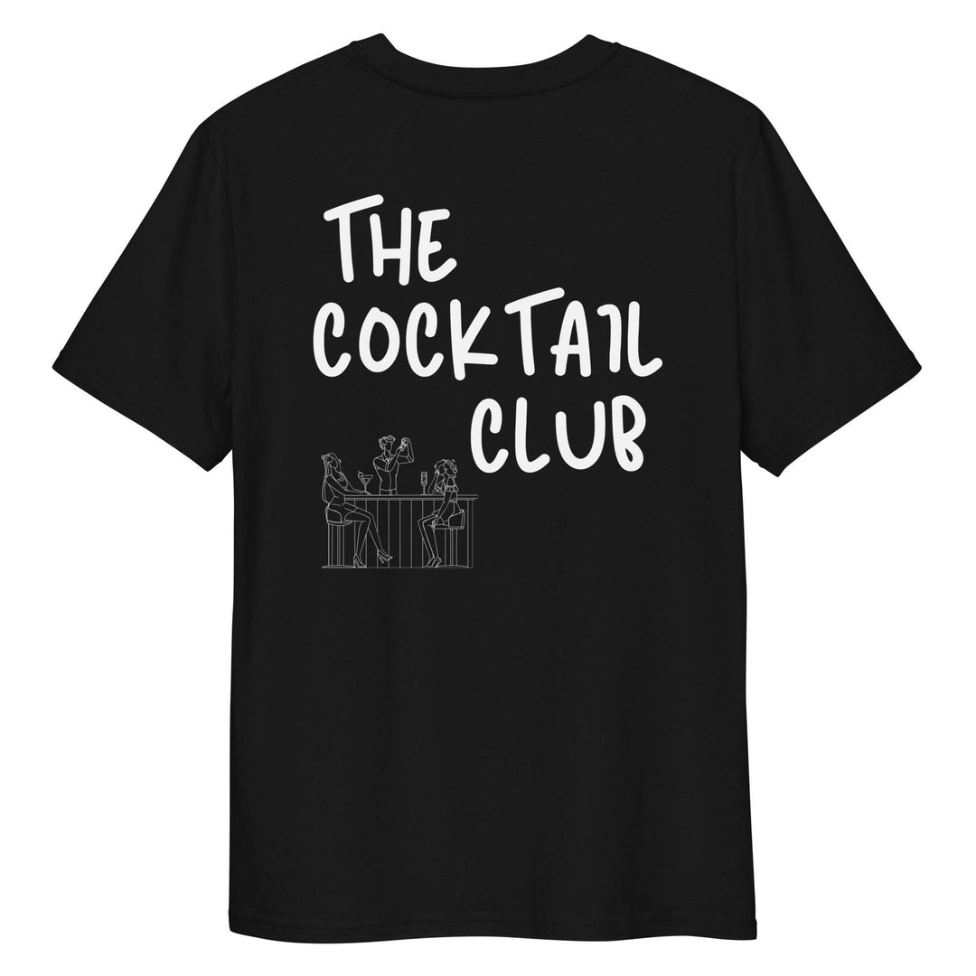 The Tequila & Sunrise unisex t-shirt, named "The Cocktail Club Organic T-shirt," showcases the text "The Cocktail Club" with an outline drawing of people at a bar and is made from eco-friendly organic cotton.