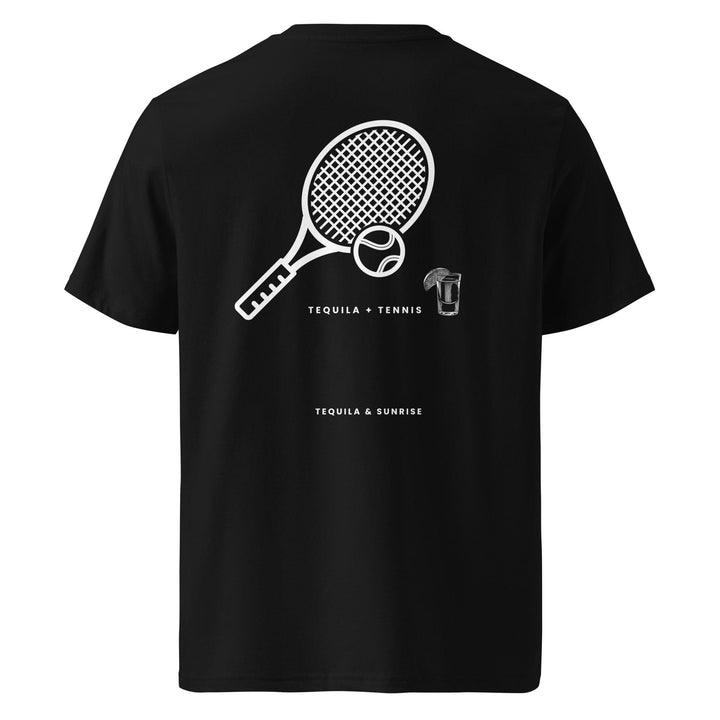 Introducing The Tequila & Tennis Organic T-shirt by Tequila & Sunrise: a stylish unisex black T-shirt adorned with a tennis racket and ball graphic. It proudly displays the text "Tequila + Tennis" above and "Tequila & Sunrise" below. Made from organic cotton, this eco-friendly tee is ideal for anyone who appreciates fashion that prioritizes sustainability.