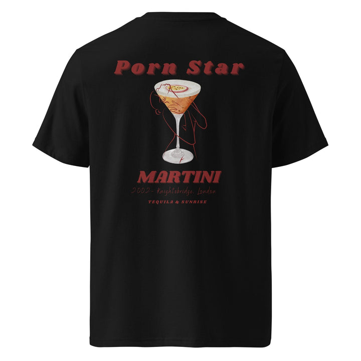 Introducing The Porn Star Martini Organic T-shirt by Tequila & Sunrise: a black graphic tee made from organic cotton that features a lively design with '2002 - Knightsbridge, London' and celebrates eco-friendly fashion.