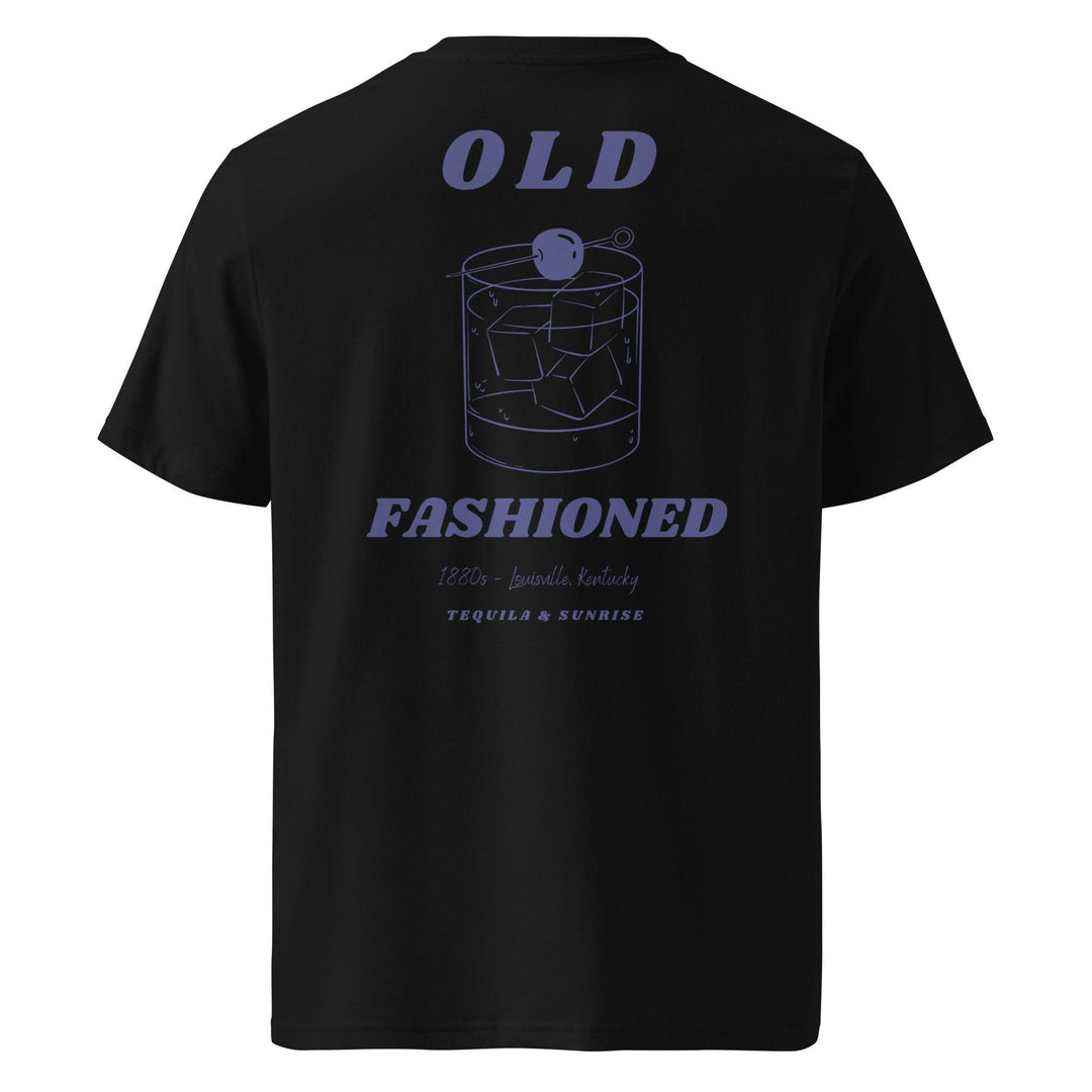 The Old Fashioned Organic T-shirt by Tequila & Sunrise is a black graphic tee depicting an Old Fashioned cocktail with ice cubes and a cherry. It features the text "Old Fashioned," "1820s - Louisville, Kentucky," and "Tequila & Sunrise." Made from eco-friendly organic cotton, it offers a stylish and sustainable choice.