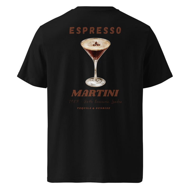 The Espresso Martini Organic T-shirt by Tequila & Sunrise is a black eco-friendly organic cotton shirt featuring a graphic of an espresso martini with the text "Espresso Martini and 1923 - Sette Brasserie, London" in brown.