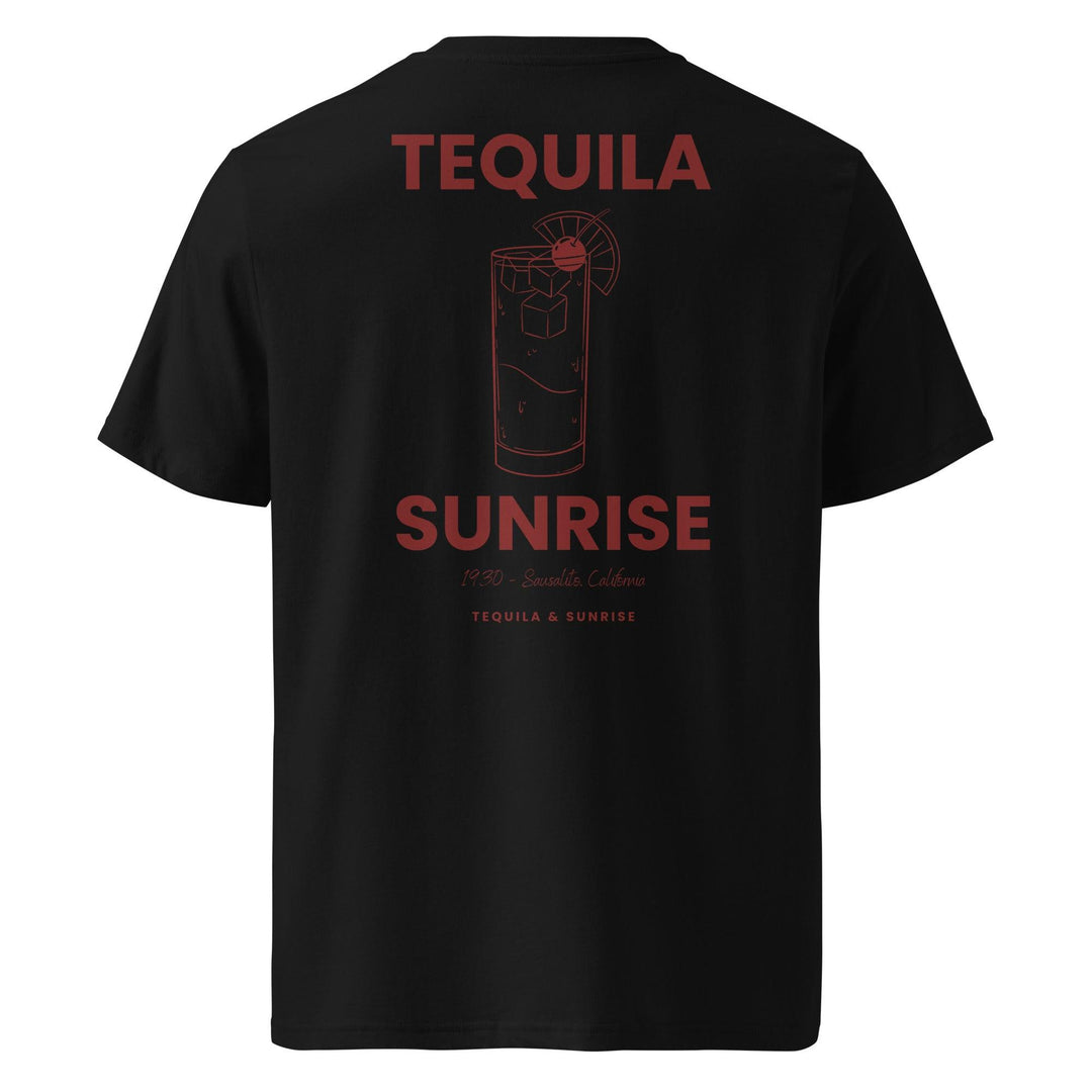 Introducing "The Tequila & Sunrise Organic T-shirt" by Tequila & Sunrise, featuring a black design with a red outline of a cocktail and the text "Tequila Sunrise, 1920, Beautiful California." Crafted from eco-friendly, organic cotton to ensure comfort and style.