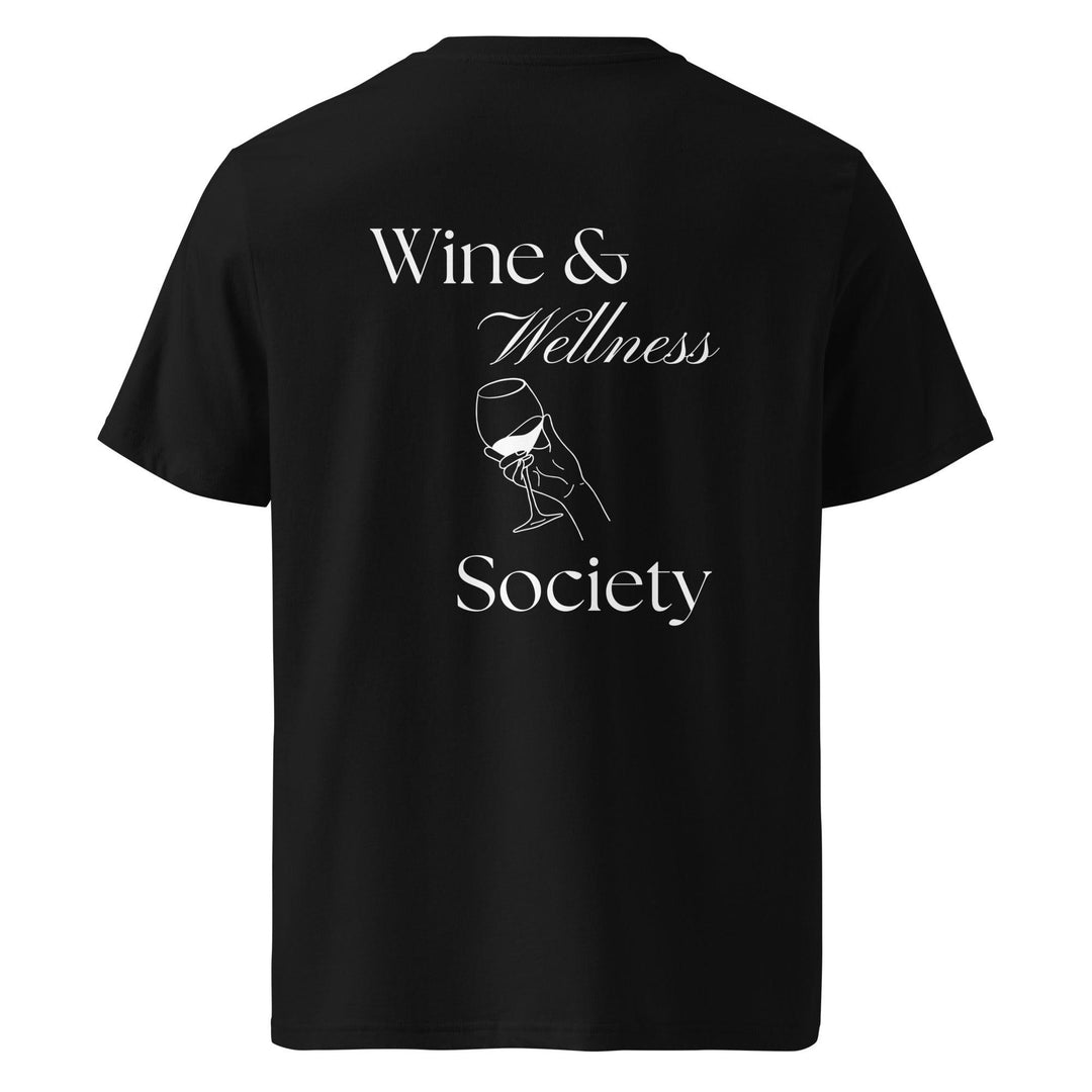 The "Wine & Wellness Society Organic T-shirt" by Tequila & Sunrise is a black organic cotton shirt showcasing text that reads "Wine & Wellness Society" alongside a stylish graphic of a hand holding a wine glass, perfectly blending fashion with wellness themes.