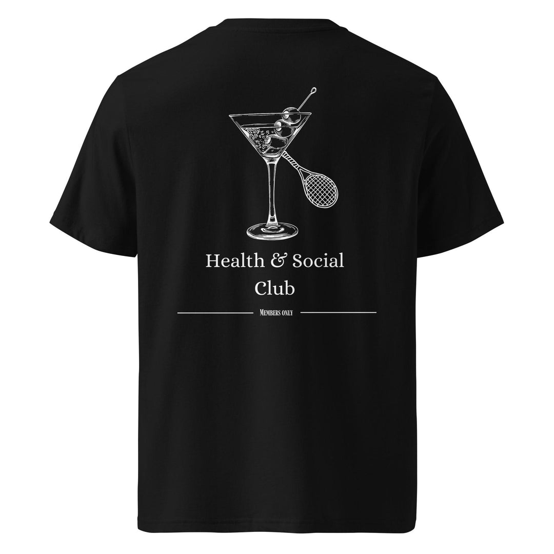 The Health & Social Club Organic T-shirt by Tequila & Sunrise is crafted from black organic cotton and displays a martini glass alongside a tennis racket, with "Health & Social Club Members Only" written in white. It's perfect for those who value sustainable, eco-friendly fashion.