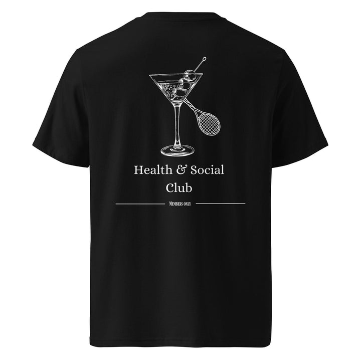 The Health & Social Club Organic T-shirt by Tequila & Sunrise is crafted from black organic cotton and displays a martini glass alongside a tennis racket, with "Health & Social Club Members Only" written in white. It's perfect for those who value sustainable, eco-friendly fashion.