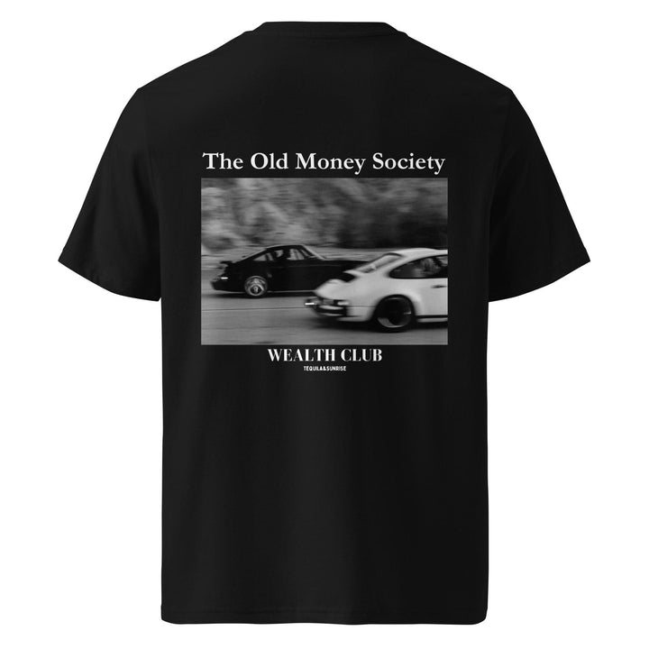 Introducing the Tequila & Sunrise "The Old Money Society" Organic T-shirt, a black tee made from sustainable organic cotton and adorned with The Old Money Society text alongside a dynamic image of two cars in motion on the back.