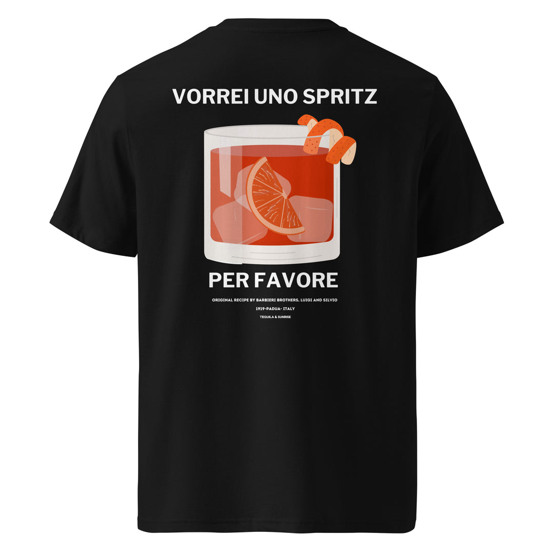 Introducing The Uno Spritz Per Favore Organic Cotton T-shirt by Tequila & Sunrise, a sustainable fashion item showcasing a bold illustration of a spritz cocktail alongside the phrase "Vorrei Uno Spritz Per Favore" on its back. Ideal for those who enjoy making spirited style statements.