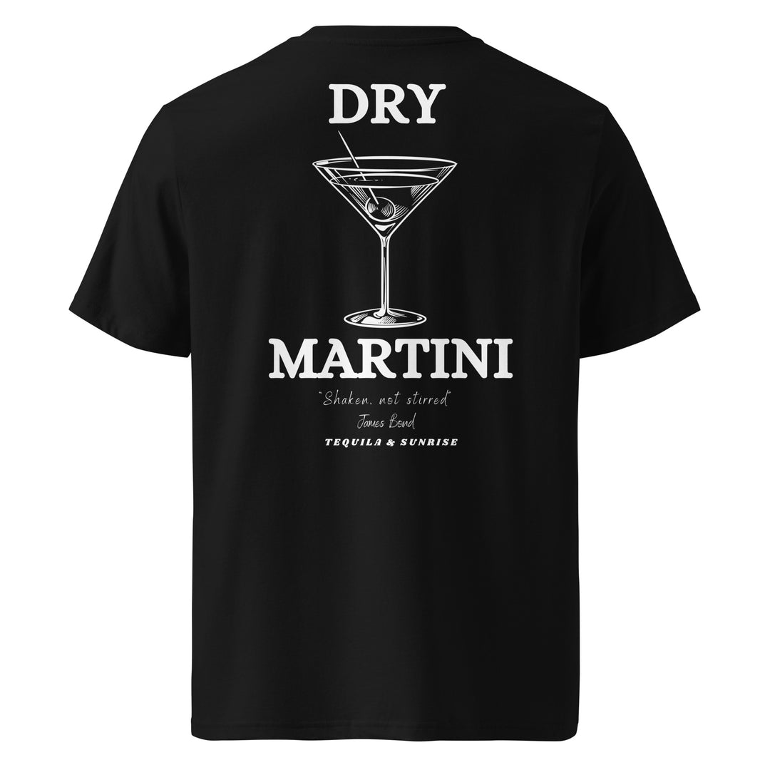 The Tequila & Sunrise Dry Martini James Bond Quote Organic T-shirt combines eco-friendly fashion with cinematic flair, showcasing a black tee adorned with a dry martini graphic and the iconic "Shaken, not stirred" quote. Made from organic cotton, it makes a sustainable style statement.