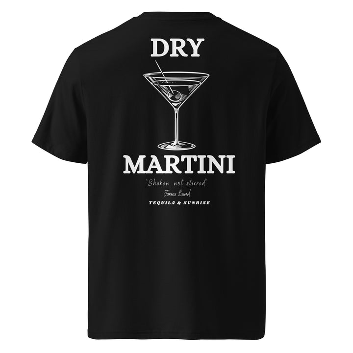 The Tequila & Sunrise Dry Martini James Bond Quote Organic T-shirt combines eco-friendly fashion with cinematic flair, showcasing a black tee adorned with a dry martini graphic and the iconic "Shaken, not stirred" quote. Made from organic cotton, it makes a sustainable style statement.