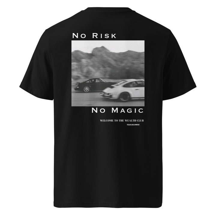 Unisex fashion at its finest, The No Risk No Magic Organic T-shirt by Tequila & Sunrise showcases a grayscale image of two sports cars racing alongside the bold text "No Risk No Magic" and "Welcome to the Wealth Club." Made from eco-friendly organic cotton, this black t-shirt effortlessly combines style with sustainability for the modern trendsetter.