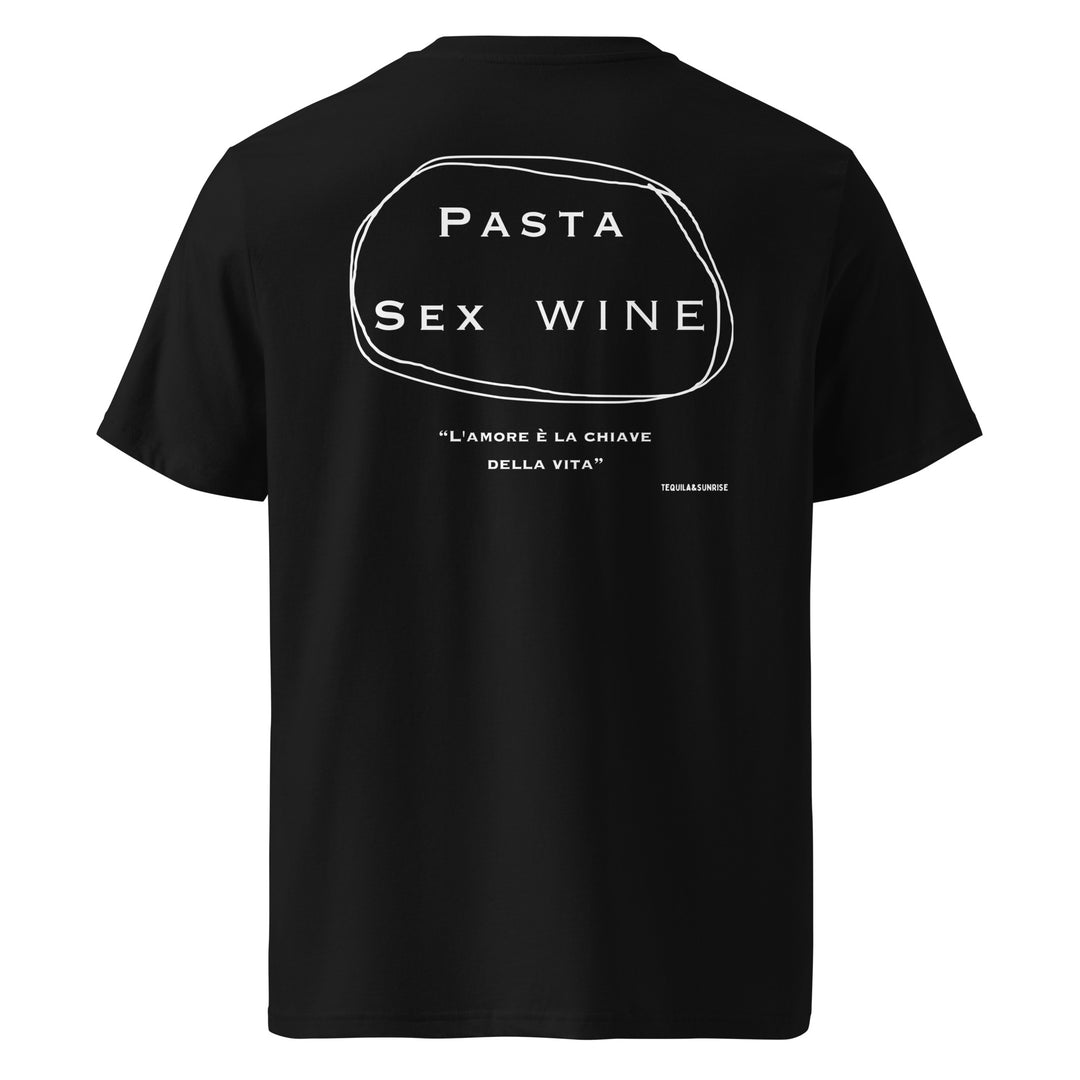 The Pasta & Sex & Wine Organic T-shirt from Tequila & Sunrise features a black cotton design with an embroidered circular pattern displaying the text "Pasta Sex Wine," along with additional Italian text and branding below.