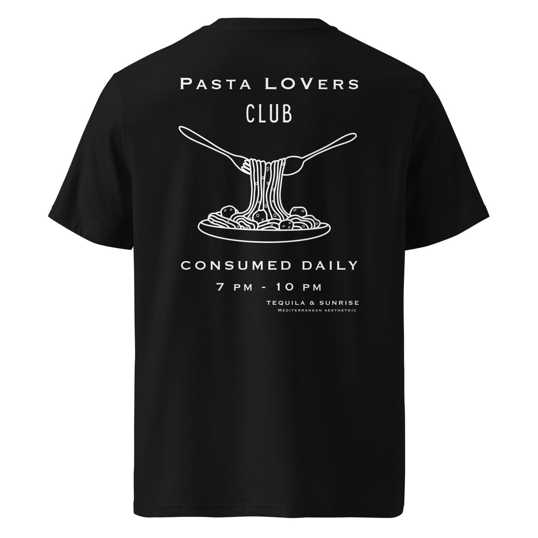 Introducing "The Pasta Lovers Club Organic T-shirt" by Tequila & Sunrise – a unisex black t-shirt made from organic ring-spun cotton featuring a fork twirling pasta over a plate. The design includes the playful text, "Consumed Daily, 7 PM - 10 PM, Tequila & Sunrise Mediterranean Restaurant," making it the perfect eco-friendly fashion choice for every pasta enthusiast.