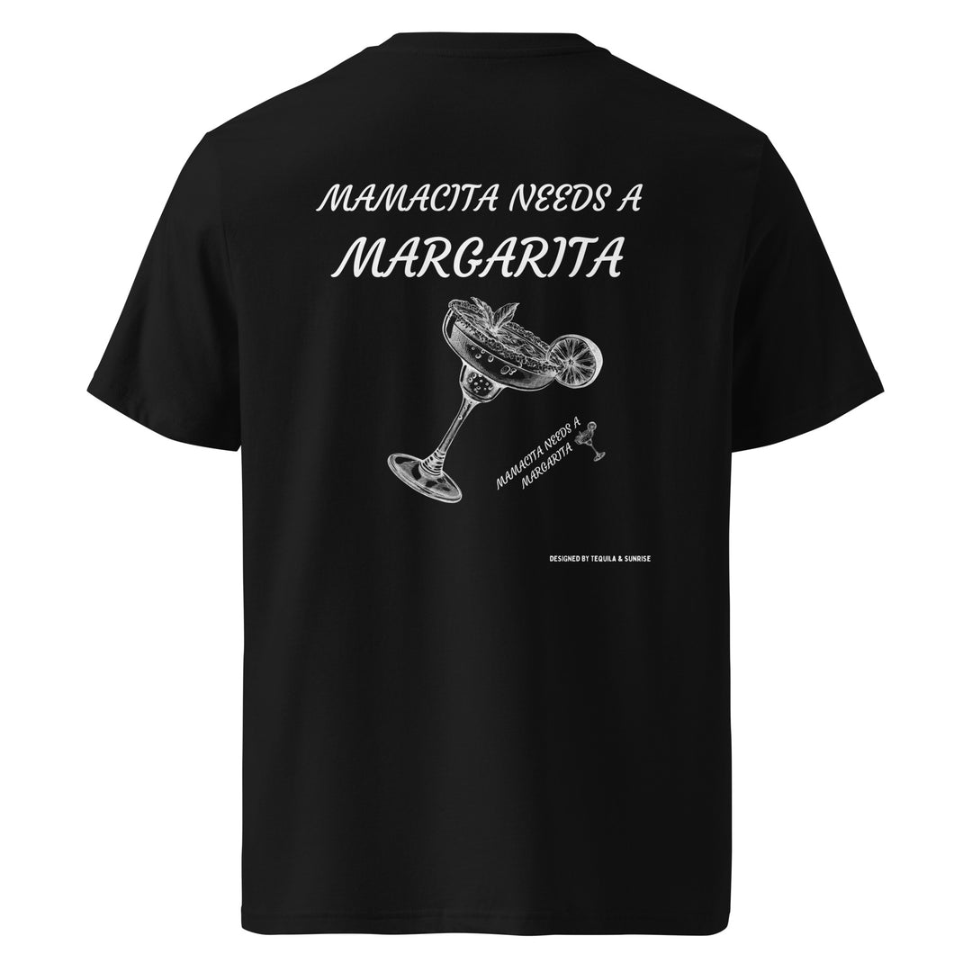 The Mamacita Needs a Margarita Organic T-shirt from Tequila & Sunrise is a black, eco-friendly garment featuring the phrase "Mamacita needs a Margarita" in white text, with an illustration of a margarita glass below. This stylish piece is perfect for any occasion and makes a standout addition to your unisex apparel collection.