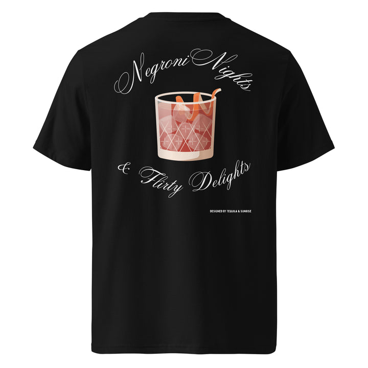 The Negroni Nights & Flirty Delights Organic T-shirt by Tequila & Sunrise is a unisex black tee showcasing a graphic of a Negroni cocktail with the words "Negroni Nights & Flirty Delights." Made from organic cotton, this environmentally conscious piece is ideal for fashion-savvy cocktail lovers.