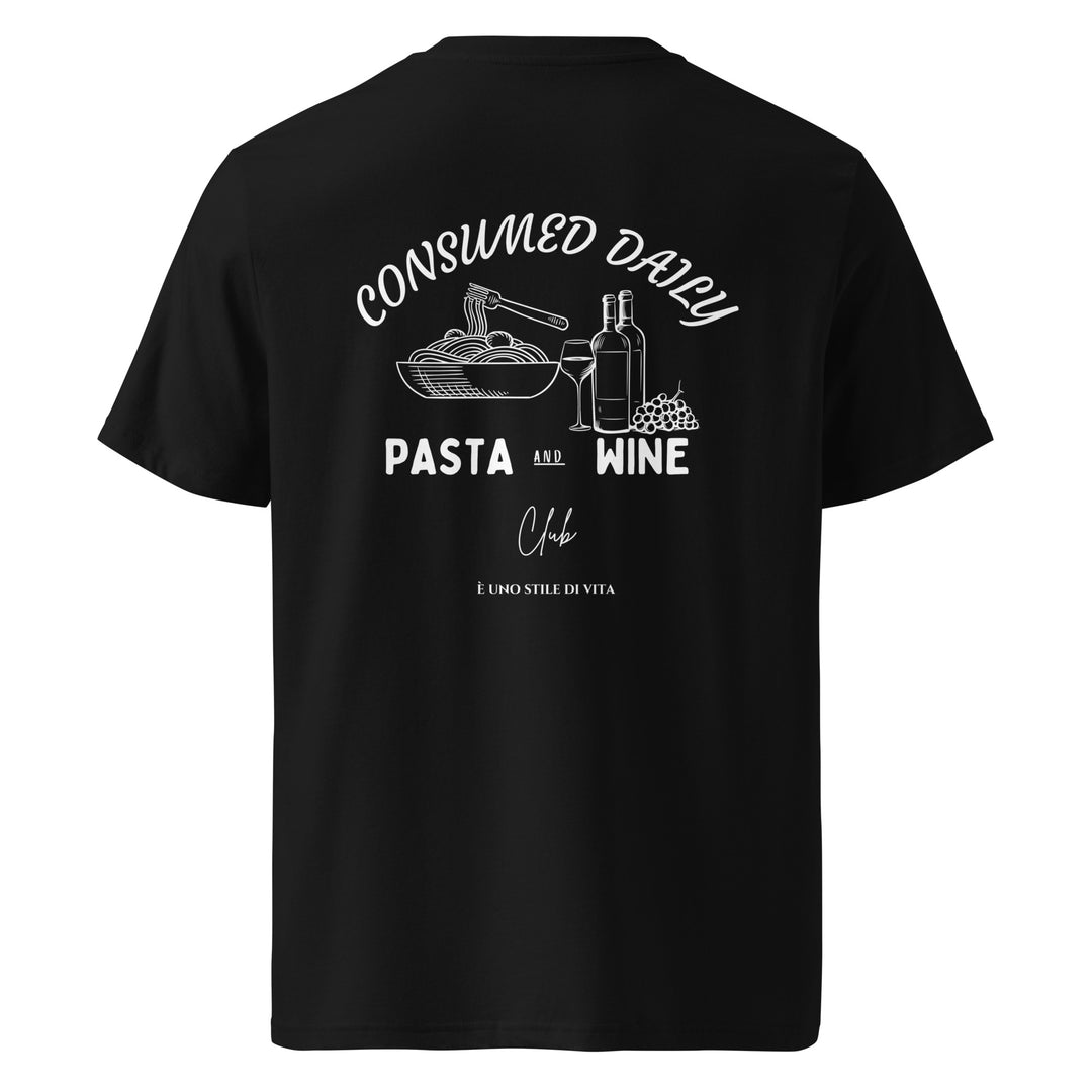 The Pasta & Wine Club Organic T-shirt by Tequila & Sunrise is a black unisex top showcasing white text and graphics of pasta, a wine bottle, and glass. It features the phrases: Consumed Daily, Pasta and Wine. È Uno Stile di Vita, Club. Crafted from eco-friendly organic cotton, it offers a comfortable fit that's ideal for anyone.