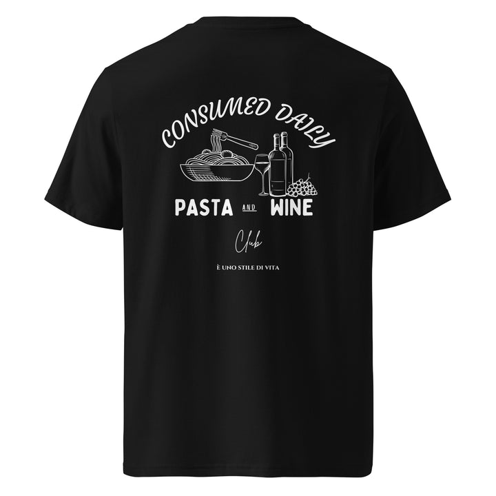 The Pasta & Wine Club Organic T-shirt by Tequila & Sunrise is a black unisex top showcasing white text and graphics of pasta, a wine bottle, and glass. It features the phrases: Consumed Daily, Pasta and Wine. È Uno Stile di Vita, Club. Crafted from eco-friendly organic cotton, it offers a comfortable fit that's ideal for anyone.