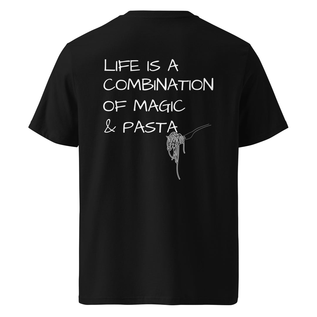 Introducing The Magic & Pasta Organic T-shirt by Tequila & Sunrise: a unisex black tee made from organic cotton that sports the whimsical phrase "Life is a combination of magic & pasta" in white text alongside a fun spaghetti fork illustration. Eco-friendly and stylish, it's ideal for those who appreciate a hint of playfulness in their fashion choices.