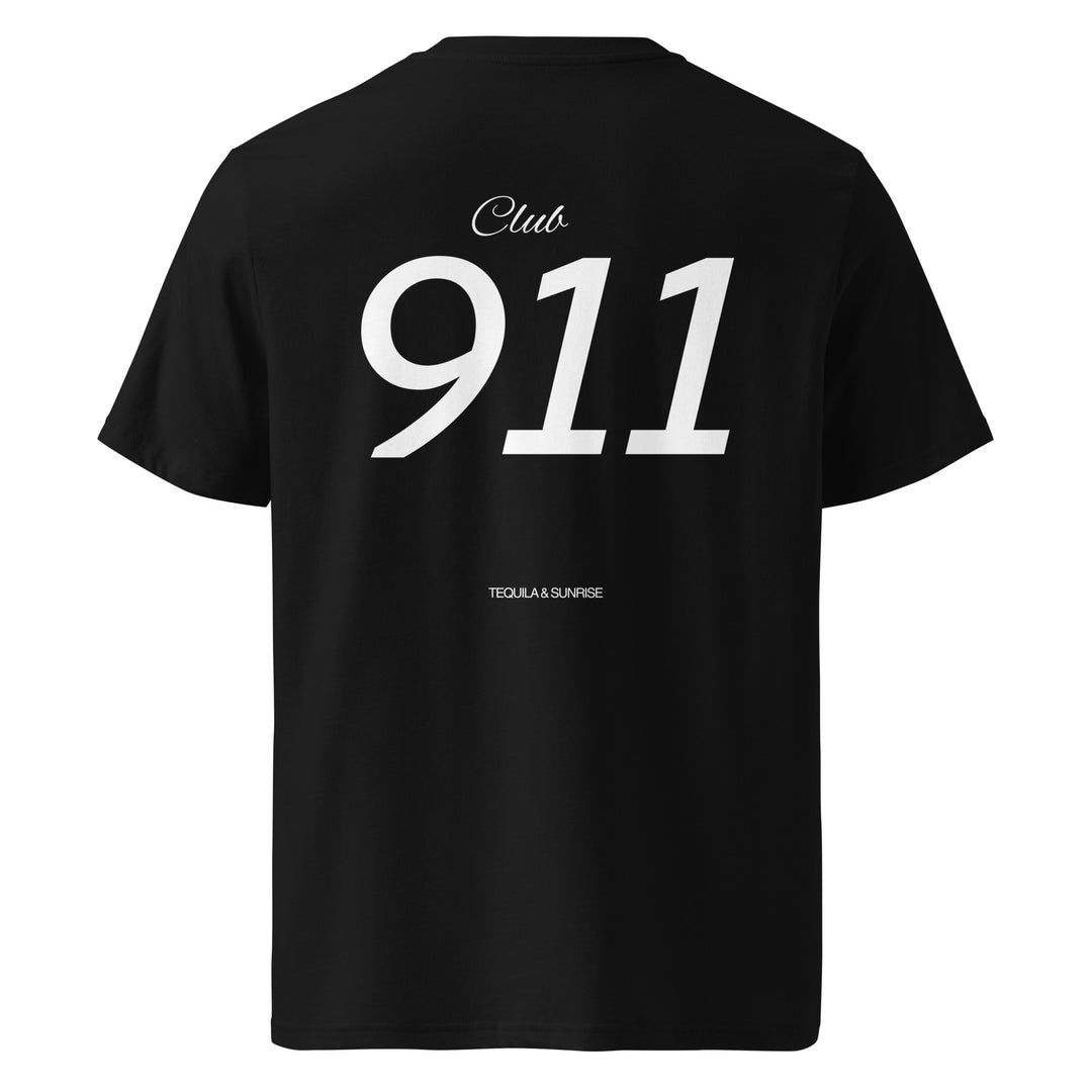 The Porsche Club 911 Organic T-shirt from Tequila & Sunrise, made from black organic cotton, features "Club 911" in large white letters and "TEQUILA & SUNRISE" beneath, making it perfect for Porsche enthusiasts.