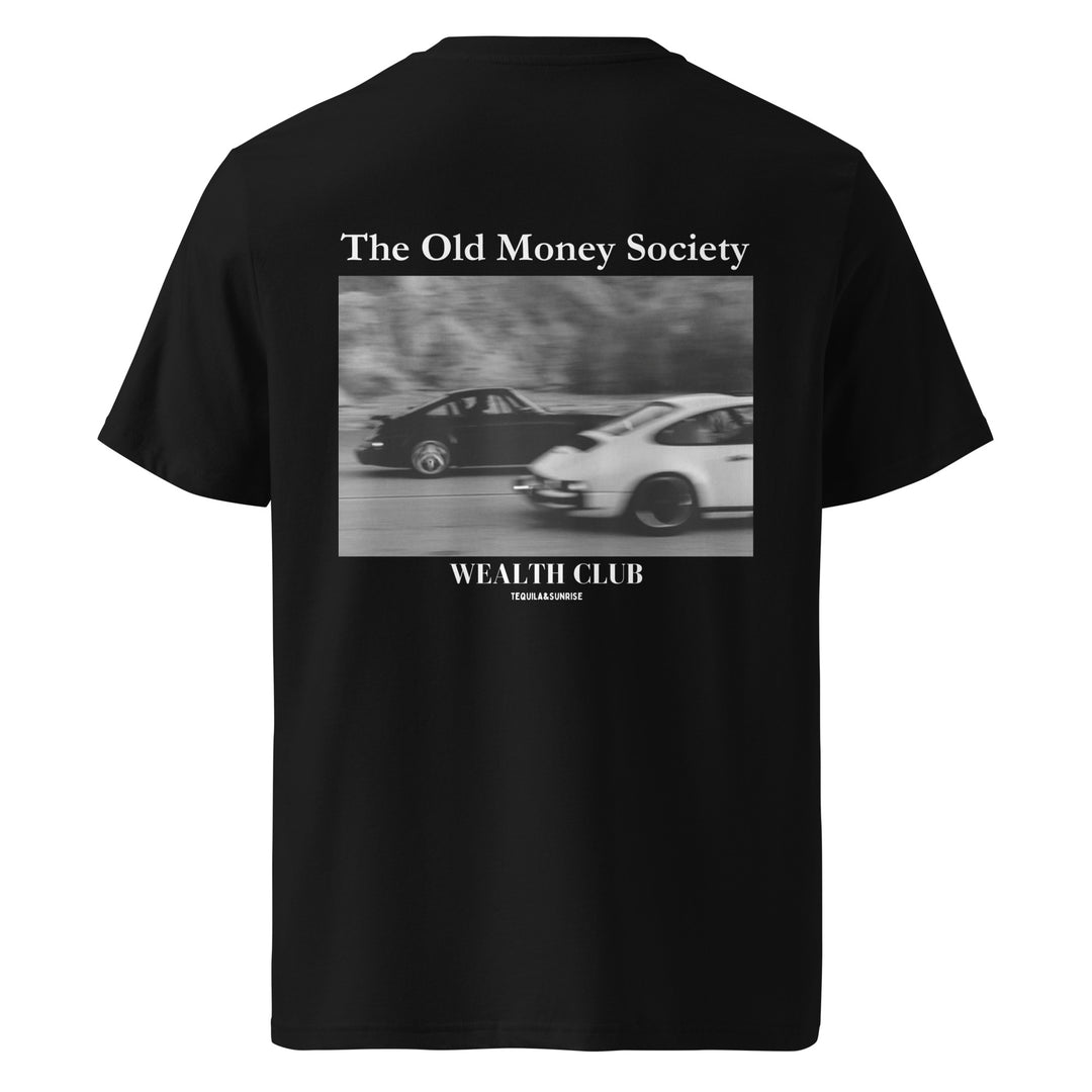 Old Money Society Organic T-shirt featuring a vintage car graphic and 'WEALTH CLUB' text.