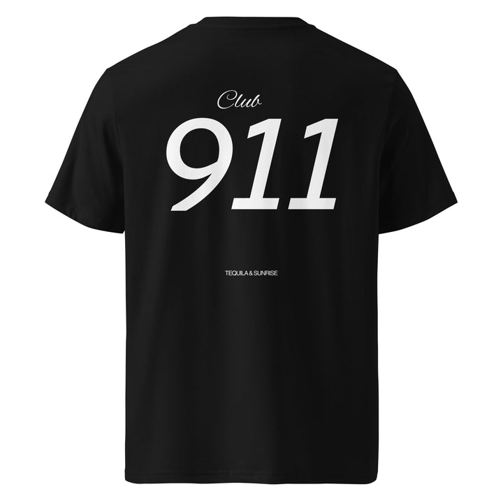 Back view of Porsche Club 911 Organic T-shirt featuring large 'Club 911' lettering on a black background.