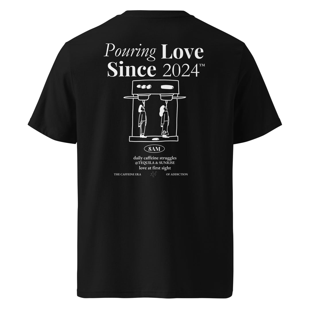 Daily Caffeine Struggles Organic T-shirt featuring graphic design on the back with text and coffee-related illustrations.