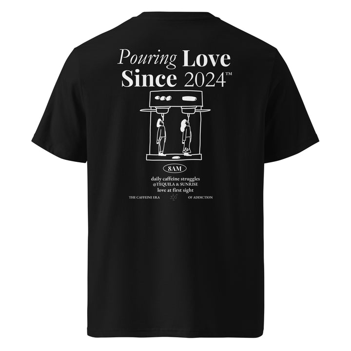 Daily Caffeine Struggles Organic T-shirt featuring graphic design on the back with text and coffee-related illustrations.