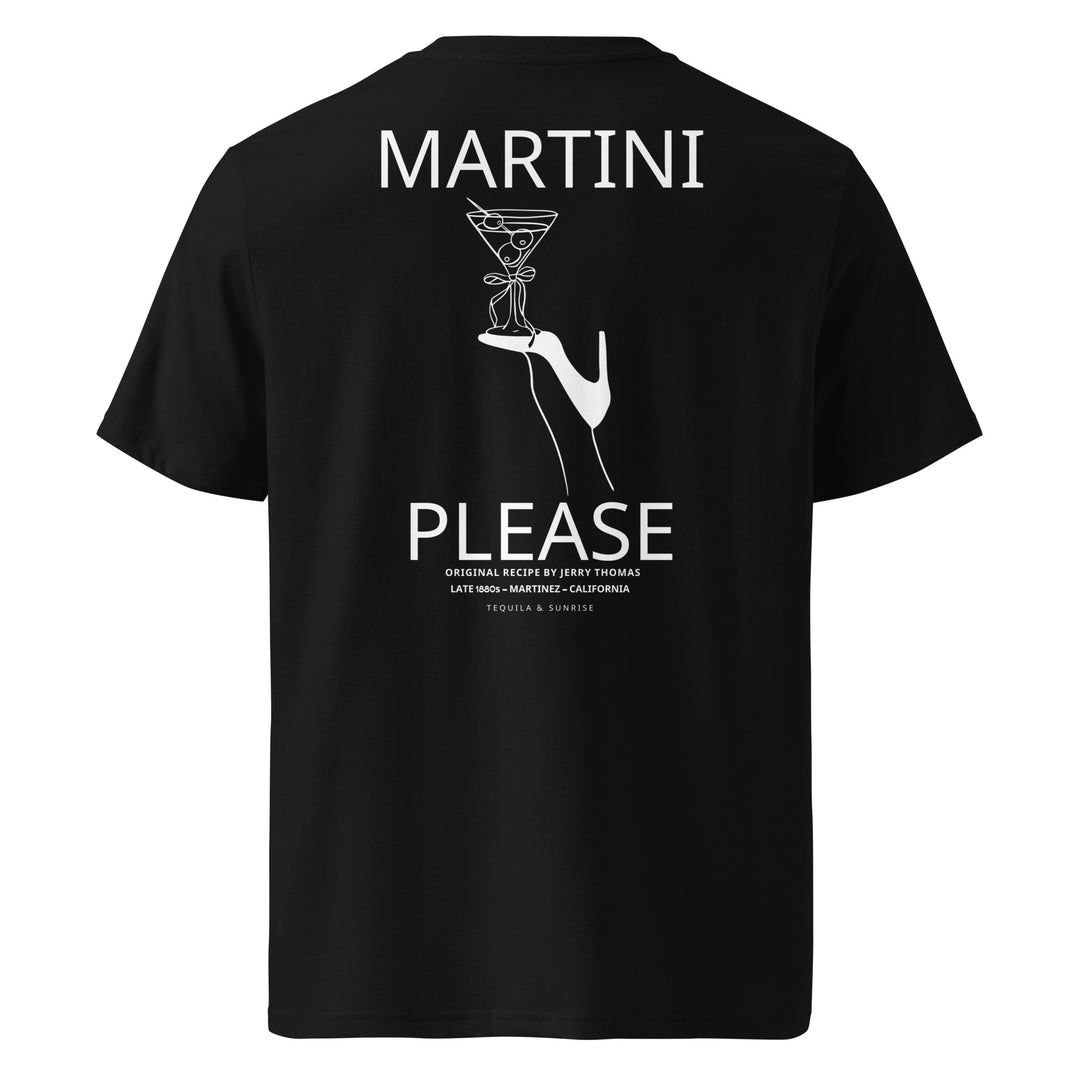 Martini Please Organic T-shirt featuring a graphic of a martini glass and hand on a black background.