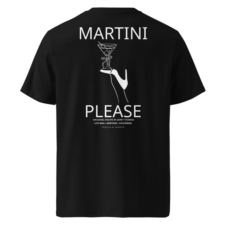 Martini Please Organic T-shirt featuring a graphic of a martini glass and hand on a black background.