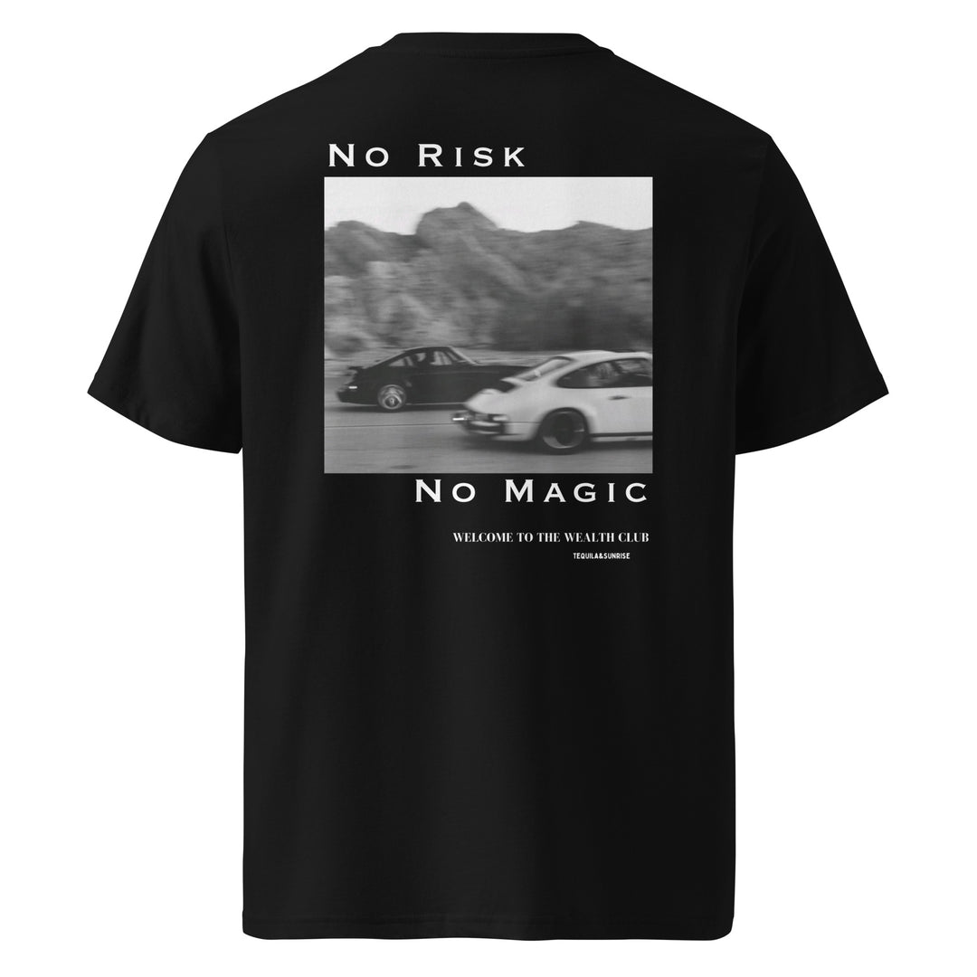 No Risk No Magic Organic T-shirt featuring a graphic of cars on a black background with text.