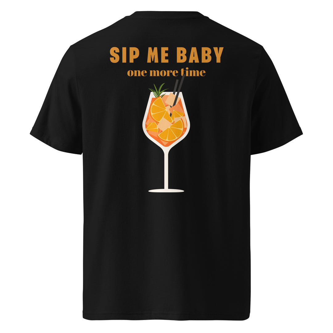 Sip Me Baby Organic T-shirt with a colorful cocktail graphic on the back and eco-friendly fabric.