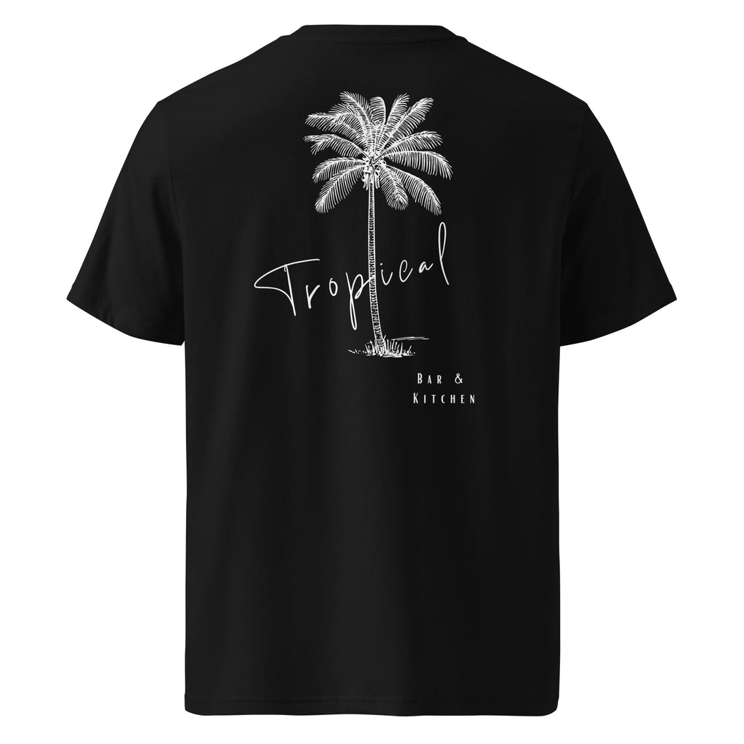 Tropical Bar & Kitchen Organic T-shirt featuring a palm tree design on a black background.